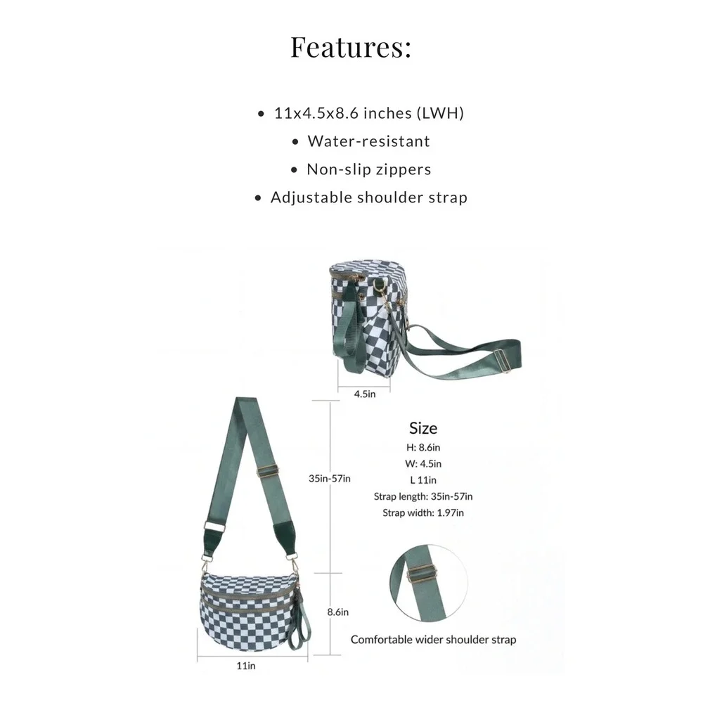 Emmafy Green Checkered Crossbody Sling Bag Water Resistant MG6003 L NEW